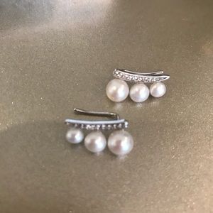Pearl and diamond sterling silver ear crawlers